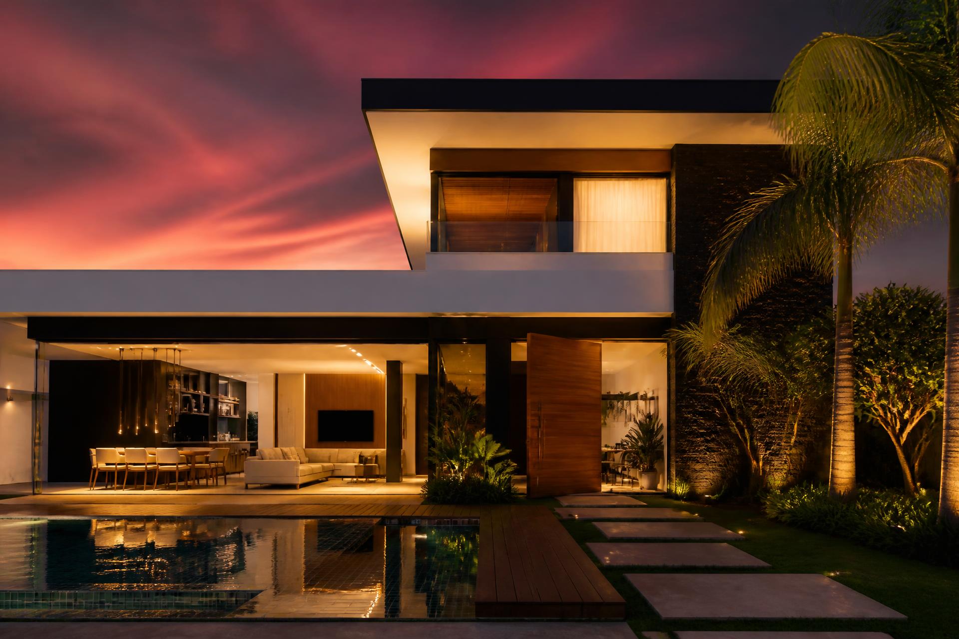 Casa moderna de alto padrão iluminada ao entardecer em Campo Grande